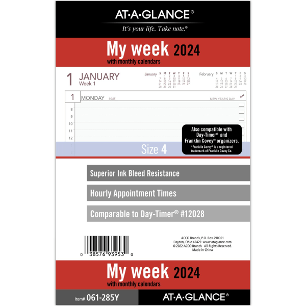 slide 1 of 8, At-A-Glance Weekly Loose-Leaf Planner Refill Pages, 5-1/2" X 8-1/2", January To December 2024, 061-285Y, 1 ct