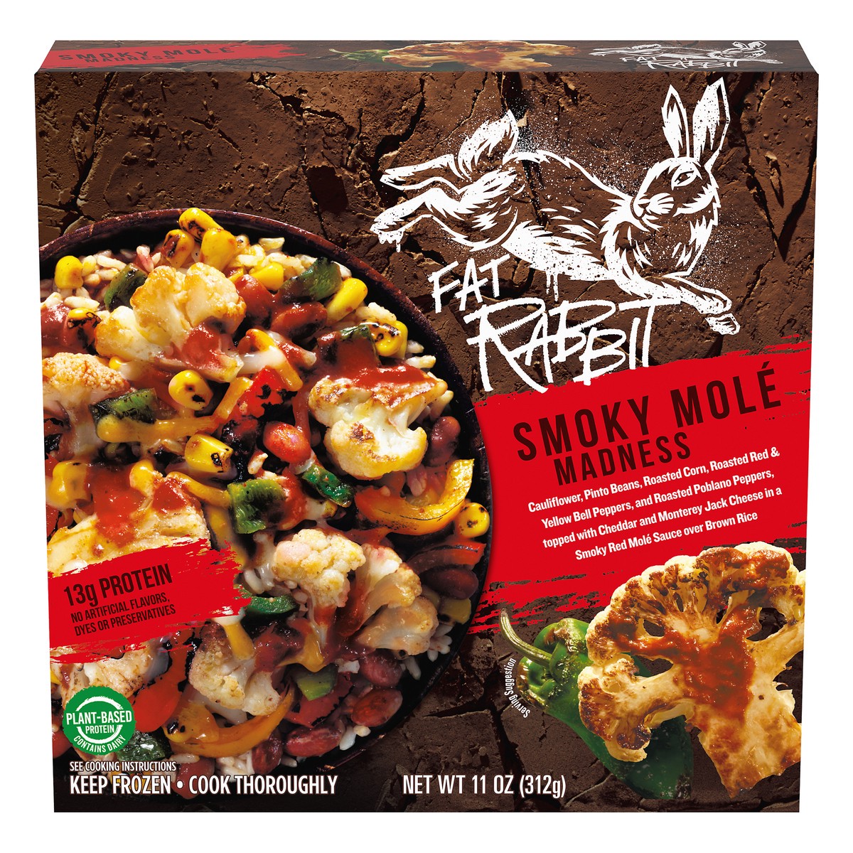 slide 4 of 14, Fat Rabbit Smoky Mole Madness with Roasted Vegetables, Pinto Beans & Cheese in a Red Mole Sauce over Brown Rice Frozen Meal, 11 oz Box, 11 oz