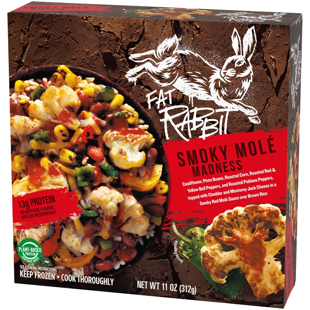 slide 10 of 14, Fat Rabbit Smoky Mole Madness with Roasted Vegetables, Pinto Beans & Cheese in a Red Mole Sauce over Brown Rice Frozen Meal, 11 oz Box, 11 oz