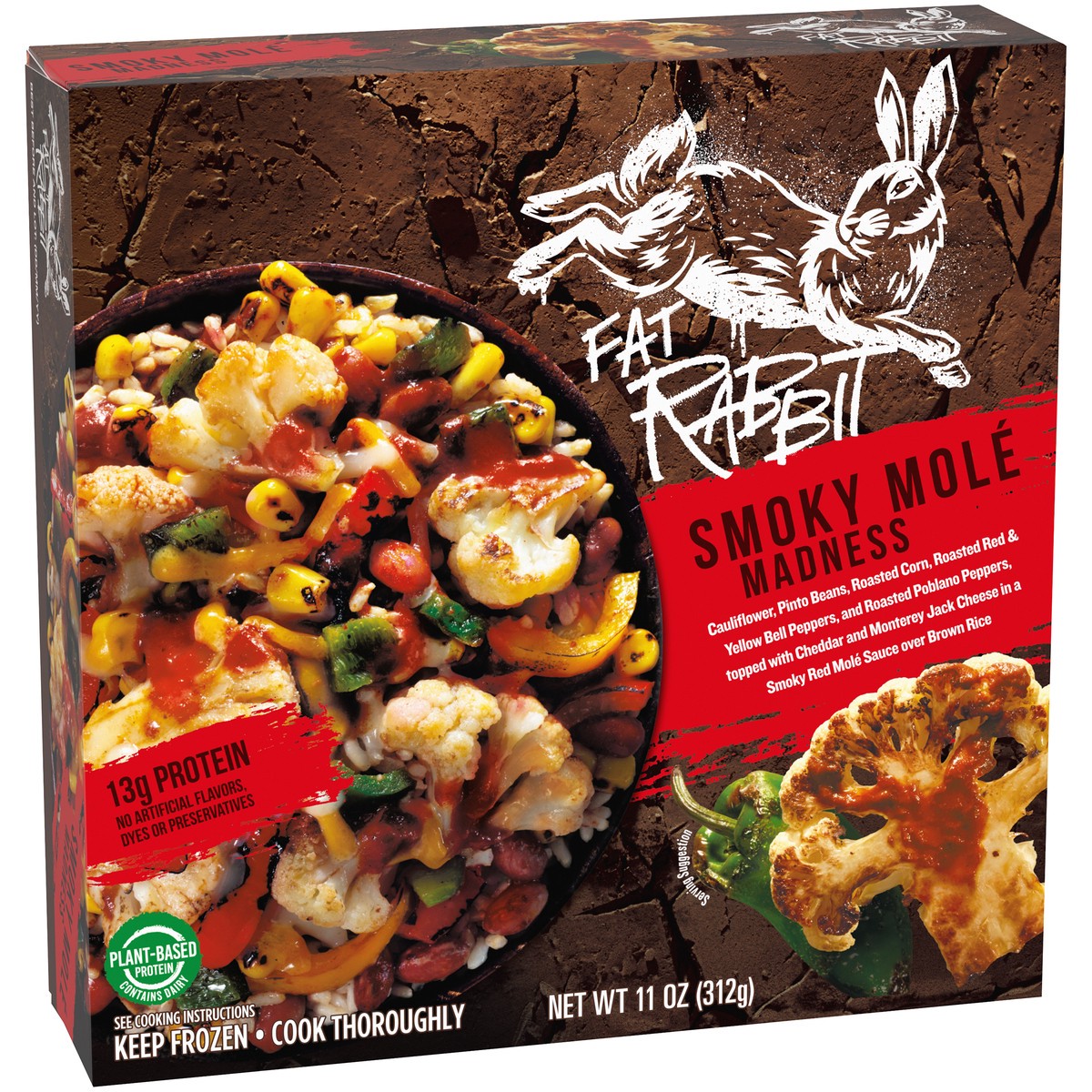 slide 6 of 14, Fat Rabbit Smoky Mole Madness with Roasted Vegetables, Pinto Beans & Cheese in a Red Mole Sauce over Brown Rice Frozen Meal, 11 oz Box, 11 oz