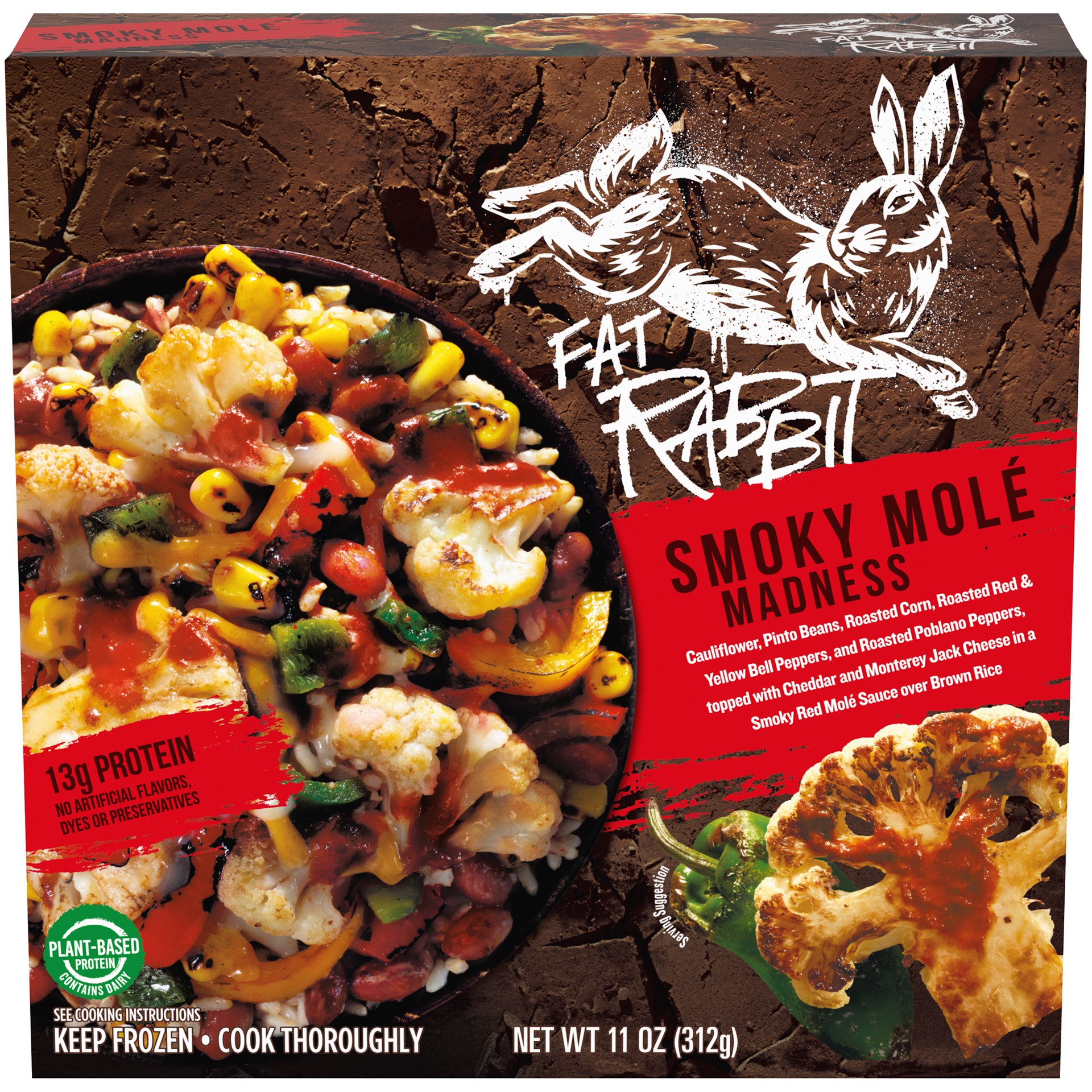 slide 1 of 14, Fat Rabbit Smoky Mole Madness with Roasted Vegetables, Pinto Beans & Cheese in a Red Mole Sauce over Brown Rice Frozen Meal, 11 oz Box, 11 oz