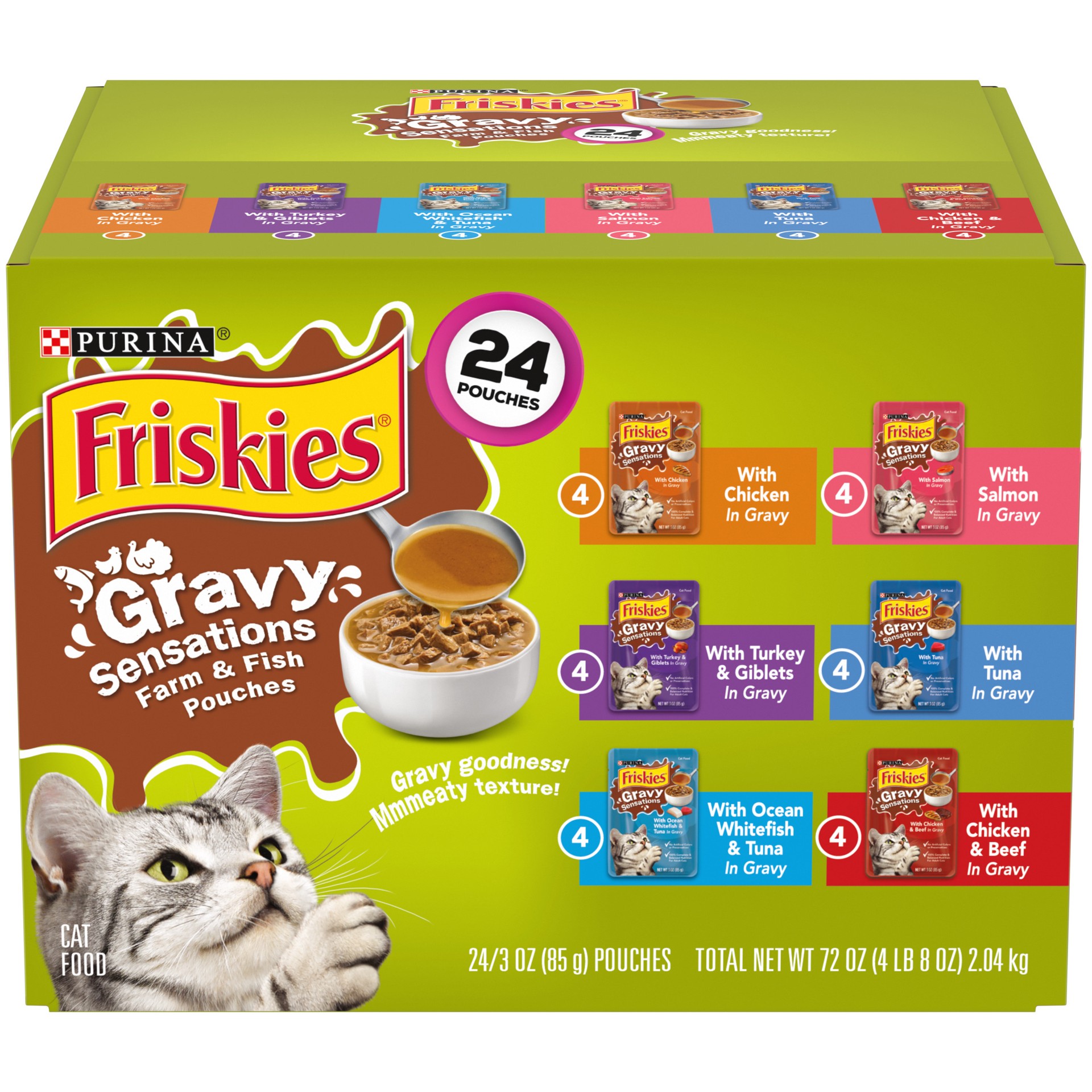 slide 1 of 8, Friskies Purina Friskies Gravy Wet Cat Food Variety Pack, Gravy Sensations Farm and Fish Pouches, 4.5 lb