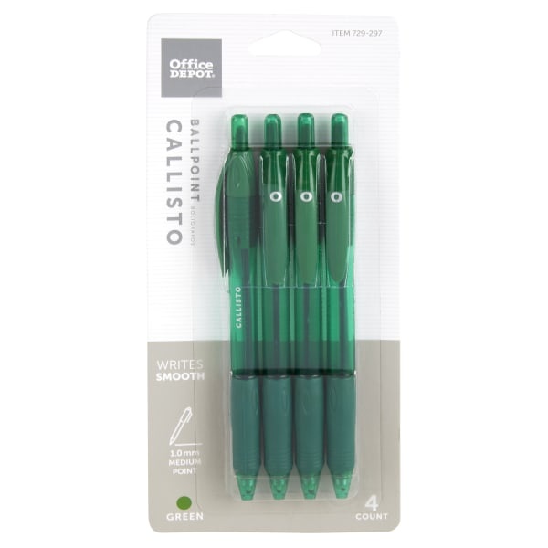 slide 1 of 2, Office Depot Brand Retractable Ballpoint Pens, Medium Point, 1.0 Mm, Green Barrel, Green Ink, Pack Of 4, 4 ct