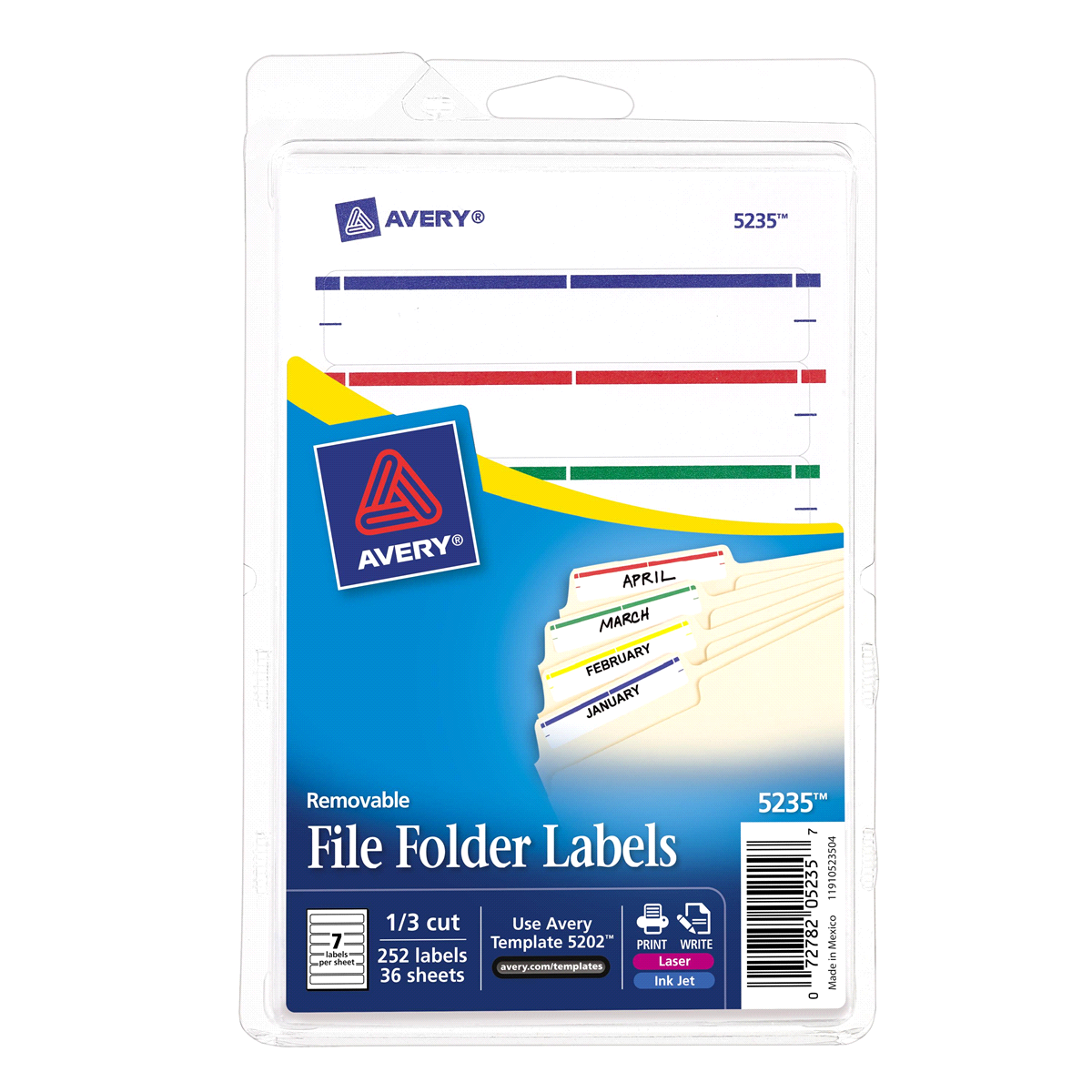 slide 1 of 1, Avery Removable File Folder Labels, 5235, Assorted Colors, 252 ct; 11/16 in x 3 7/16 in