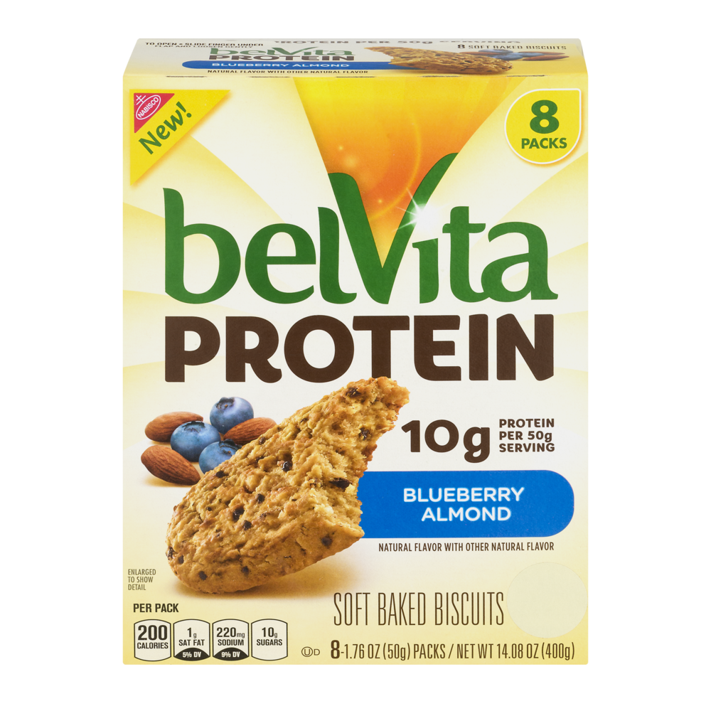 slide 1 of 8, belVita Protein Blueberry Almond Soft Baked Biscuits, 8 ct; 1.76 oz