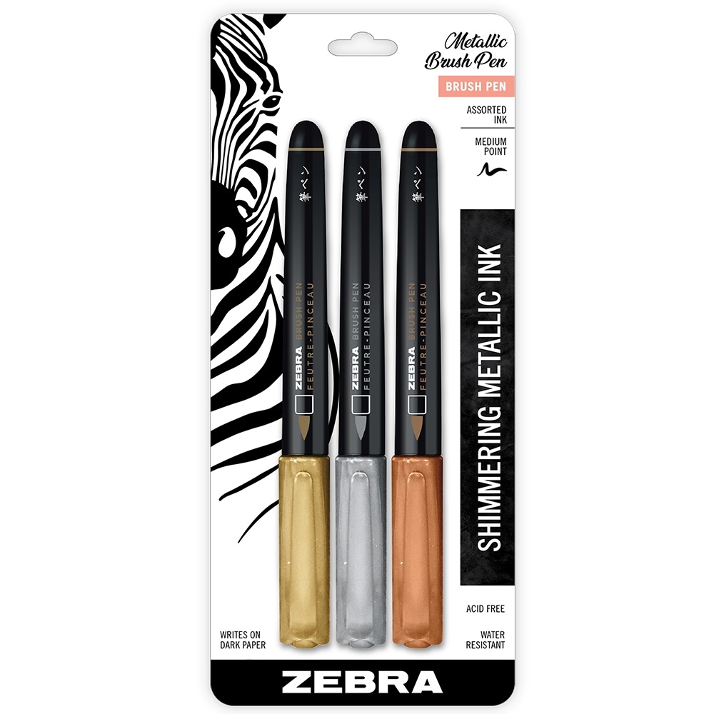 slide 1 of 1, Zebra Shimmering Metallic Medium Point Brush Pen 1 ea, 3 ct