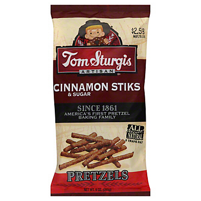 slide 1 of 1, Tom Sturgis Pretzels - Cinnamon & Sugar Stiks, 9 oz