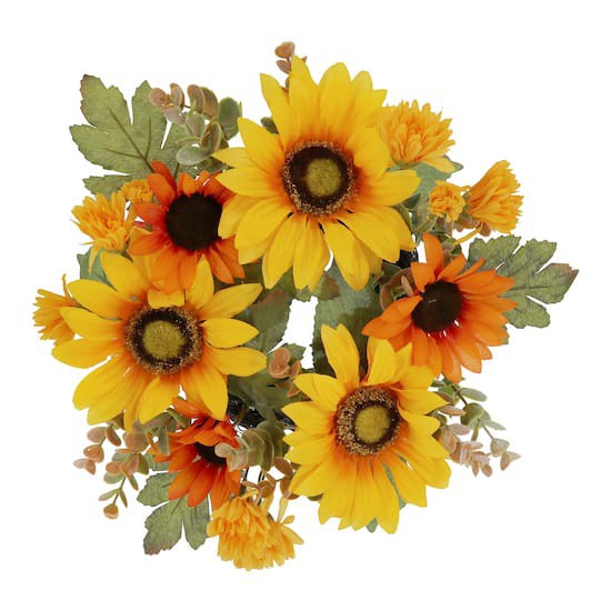 slide 1 of 3, Mini Yellow & Orange Sunflower & Eucalyptus Wreath By Ashland, 12 in x 12 in x 5 in