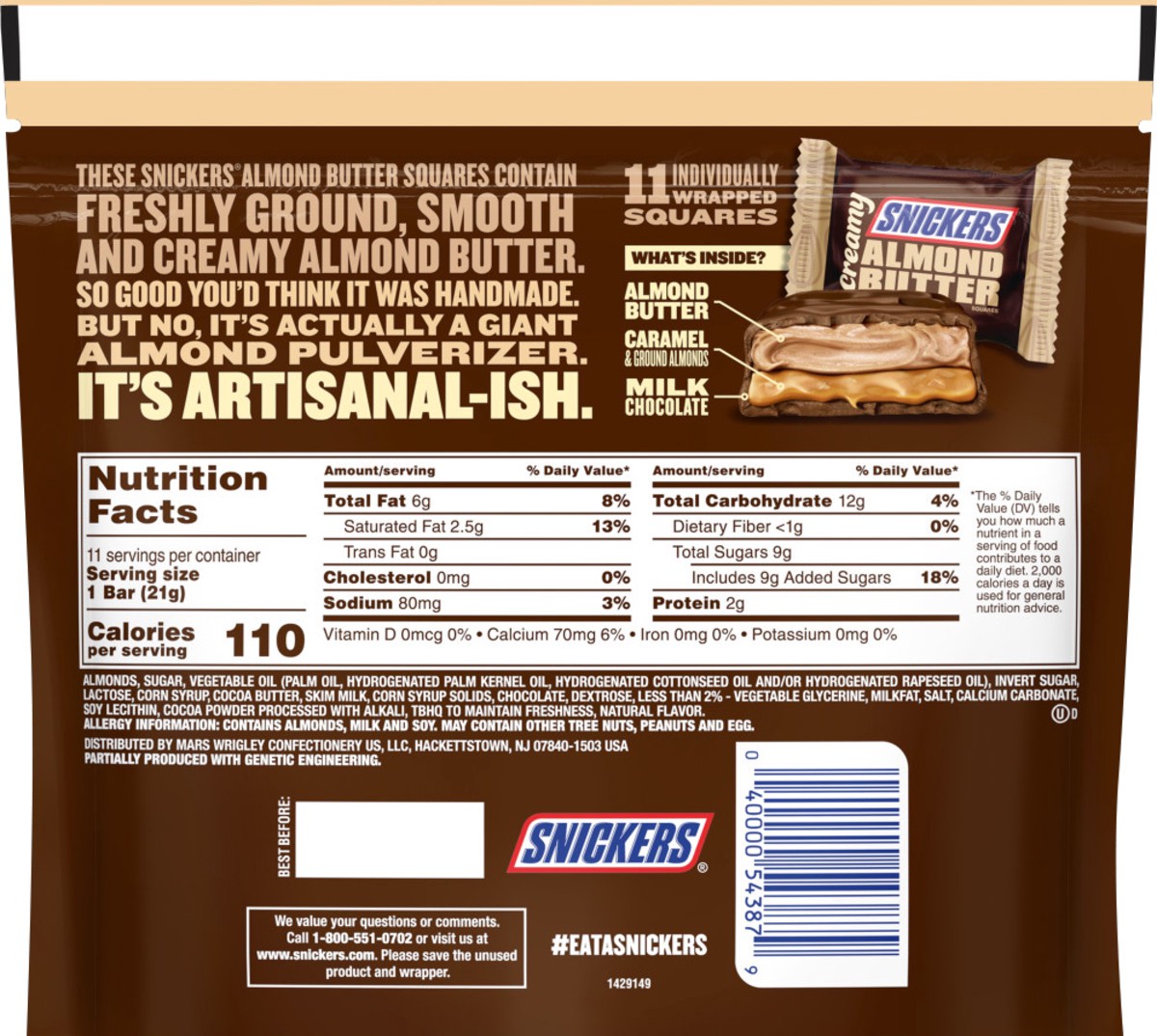 slide 5 of 7, Snickers Creamy SNICKERS Almond Butter Square Candy Bars, 7.7 Ounce Bag, 7.7 oz