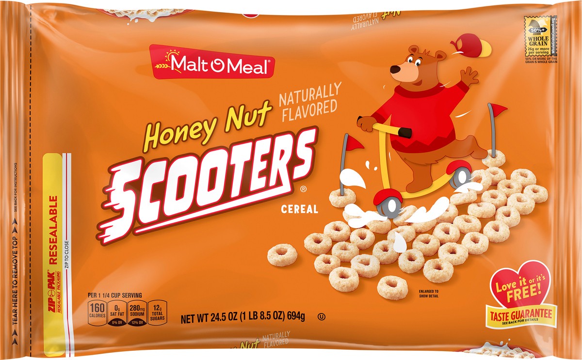 slide 8 of 11, Malt-O-Meal Honey Nut Scooters Breakfast Cereal, Oat Cereal, 24.5 OZ bag, 24.5 oz