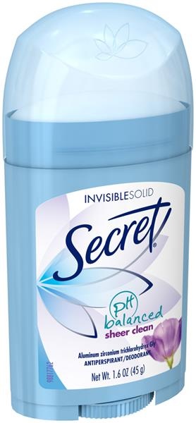 slide 1 of 1, Secret Invisible Solid Sheer Clean Scent Antiperspirant & Deodorant PH Balanced, 1.6 oz