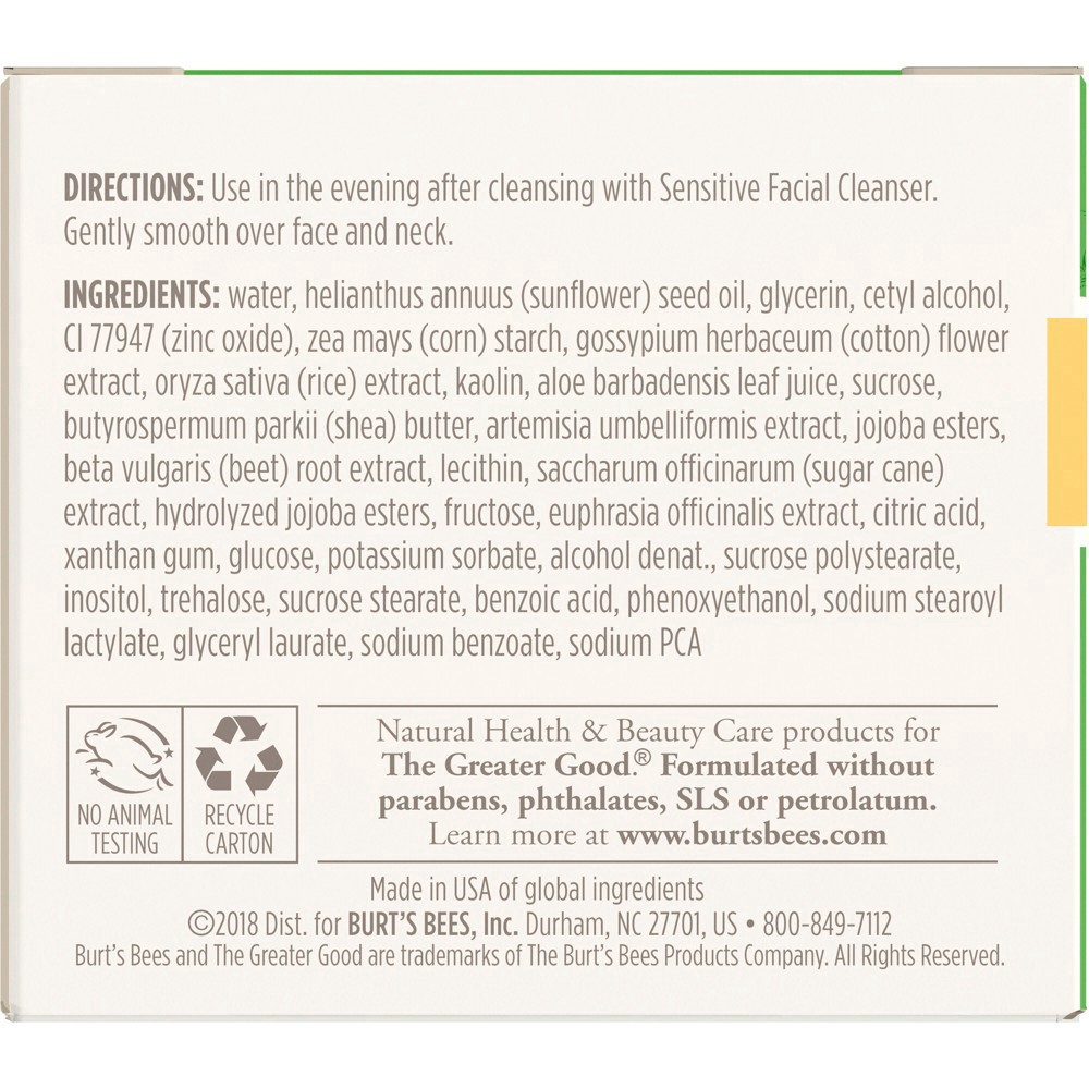 slide 58 of 142, Burt's Bees Sensitive Solutions Calming Night Cream with Aloe & Rice Milk, 1.8 oz