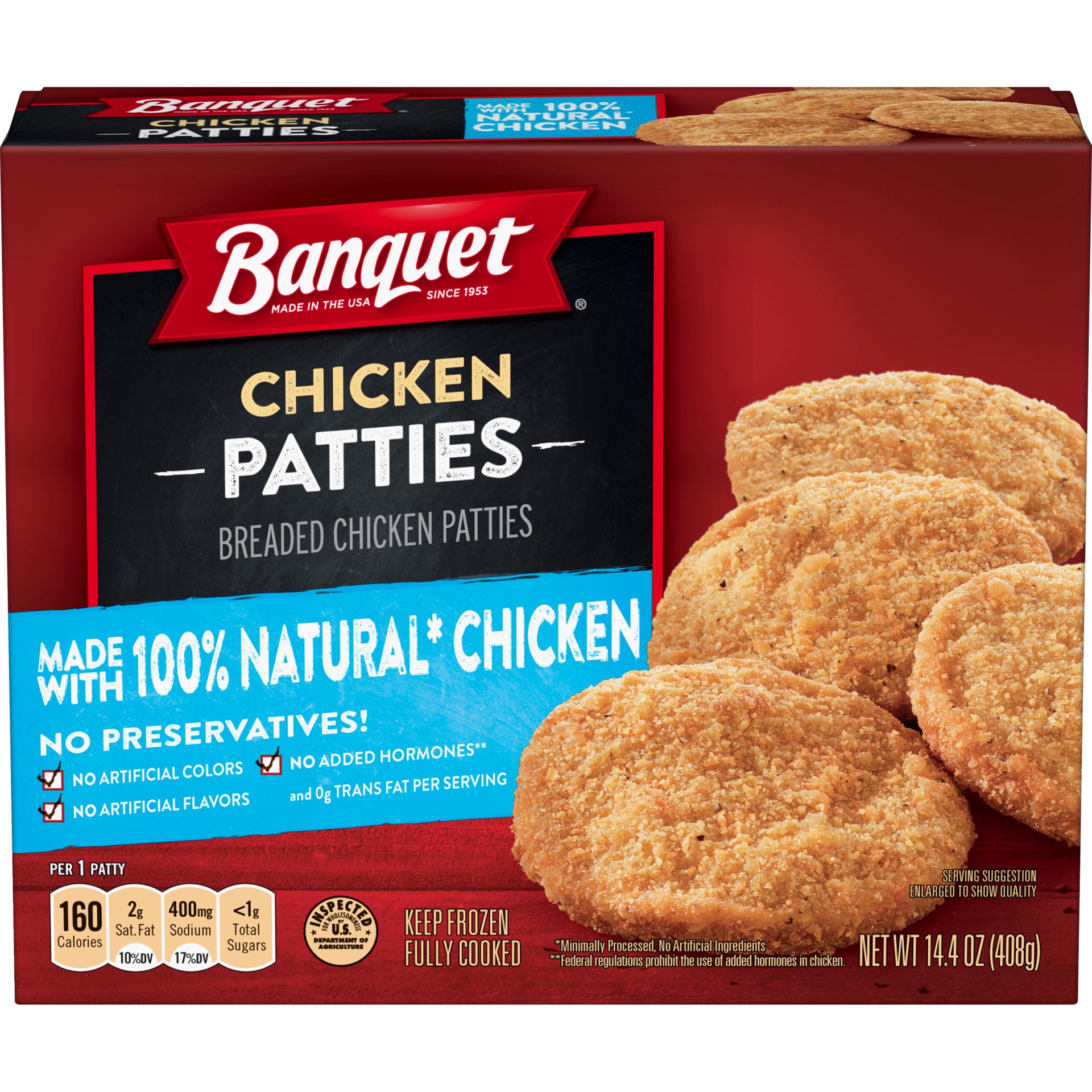 slide 1 of 4, BANQUET Frozen Chicken Patties Made With 100% Natural* Chicken, 14.4 oz., 14.4 oz