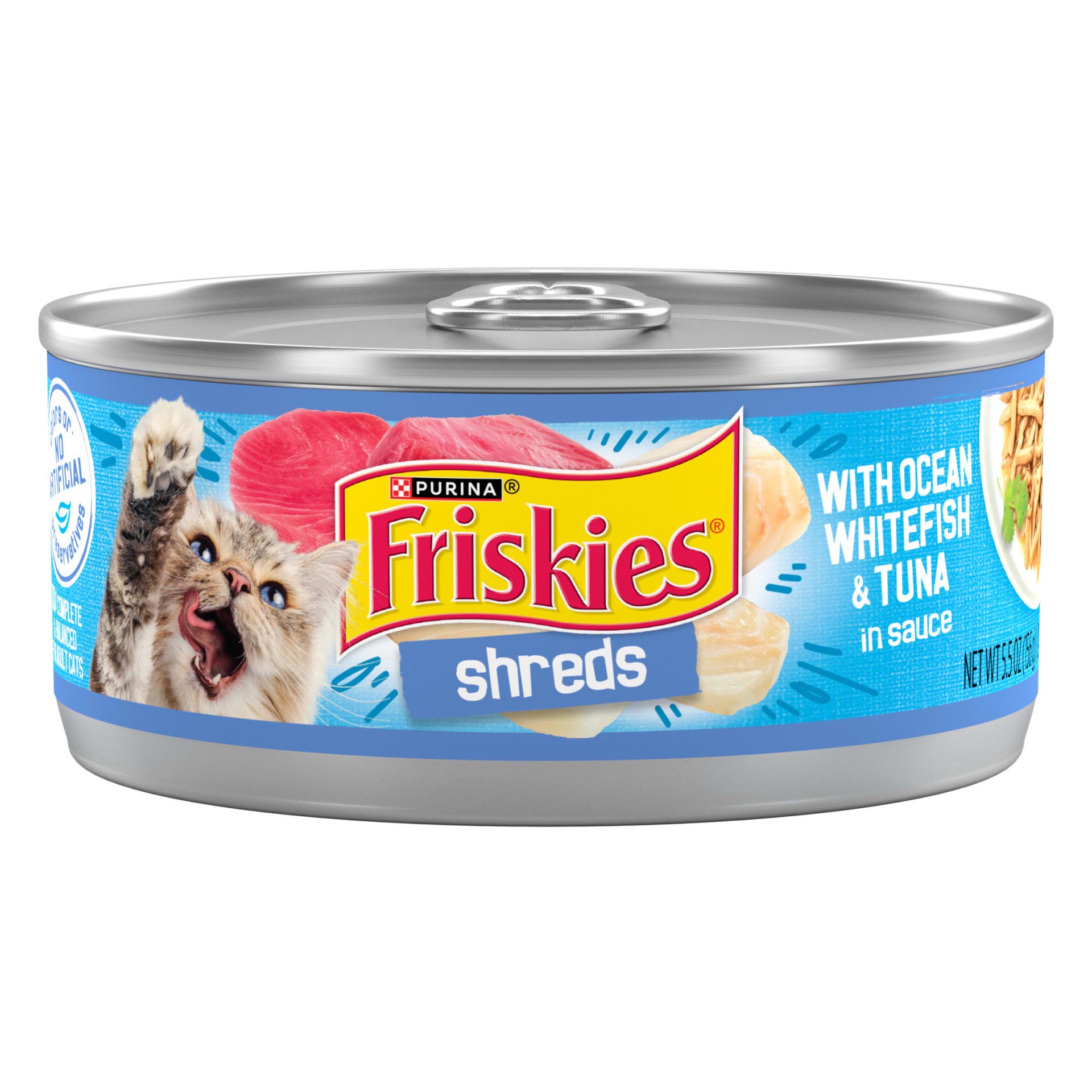 slide 1 of 7, Friskies Purina Friskies Wet Cat Food, Shreds With Ocean Whitefish & Tuna in Sauce, 5.5 oz