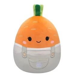 Squishmallows 10" Orange Carrot In Light Grey Overalls