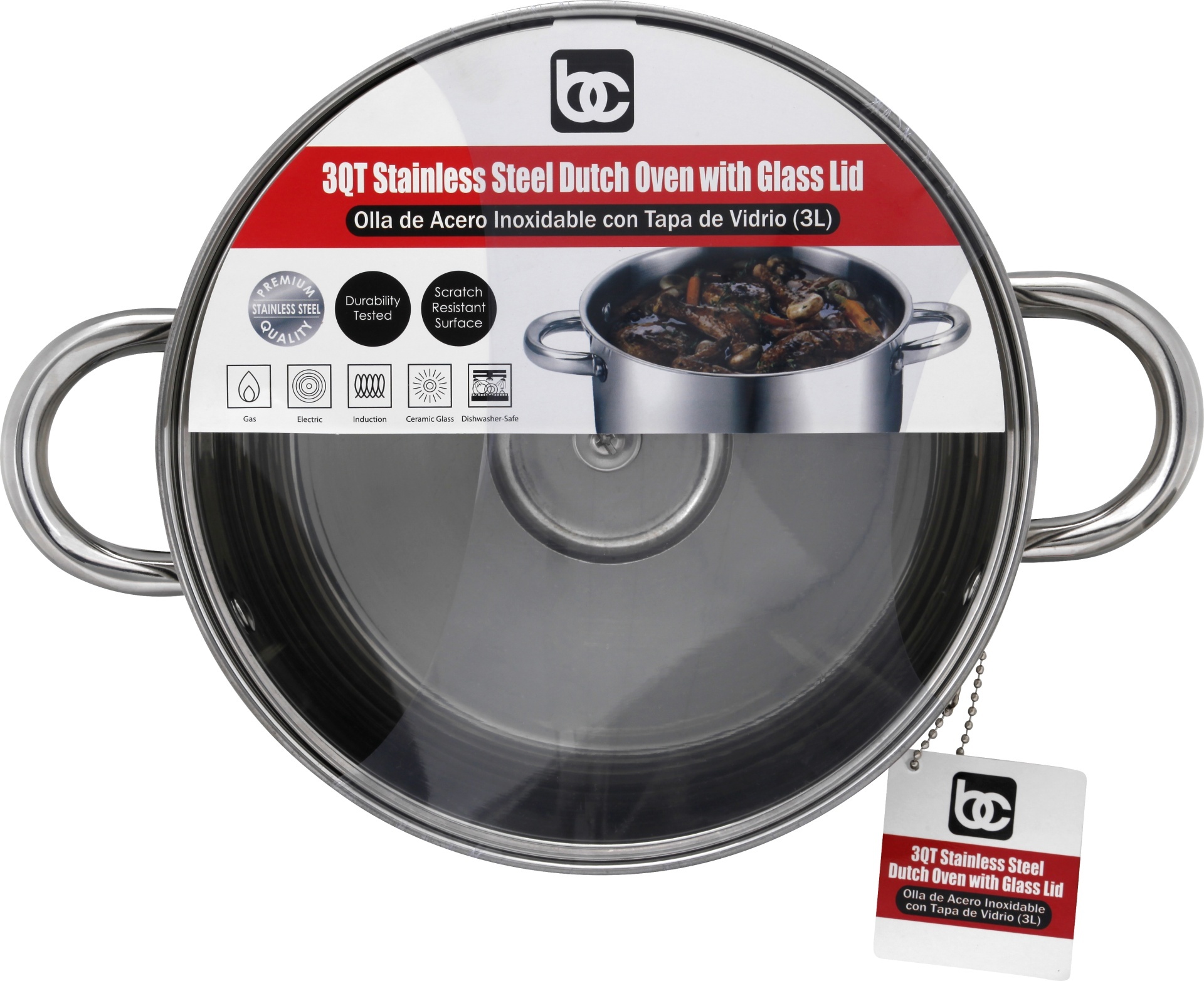 slide 1 of 1, Bene Casa Dutch Oven Stainless Steel With Glass Lid, 3 qt