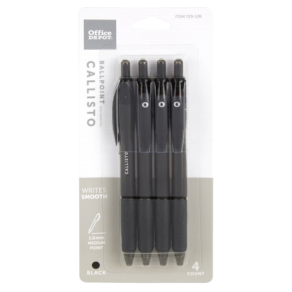slide 1 of 2, Office Depot Brand Retractable Ballpoint Pens, Medium Point, 1.0 Mm, Black Barrel, Black Ink, Pack Of 4, 4 ct