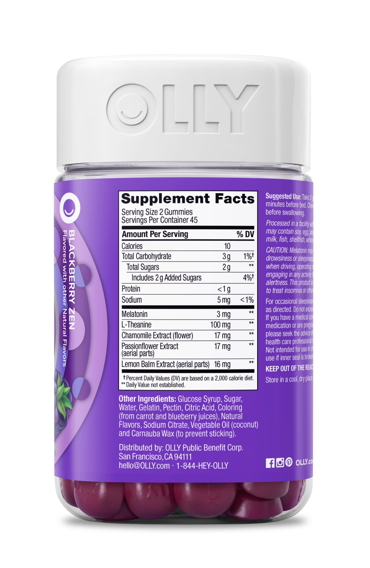 slide 4 of 8, OLLY Sleep Gummy, Sleep Support Supplement,* 3 mg Melatonin, L-Theanine, Chamomile and Lemon Balm Extracts, Blackberry Zen Flavor, 45 Day Supply - 90 Count, 90 ct
