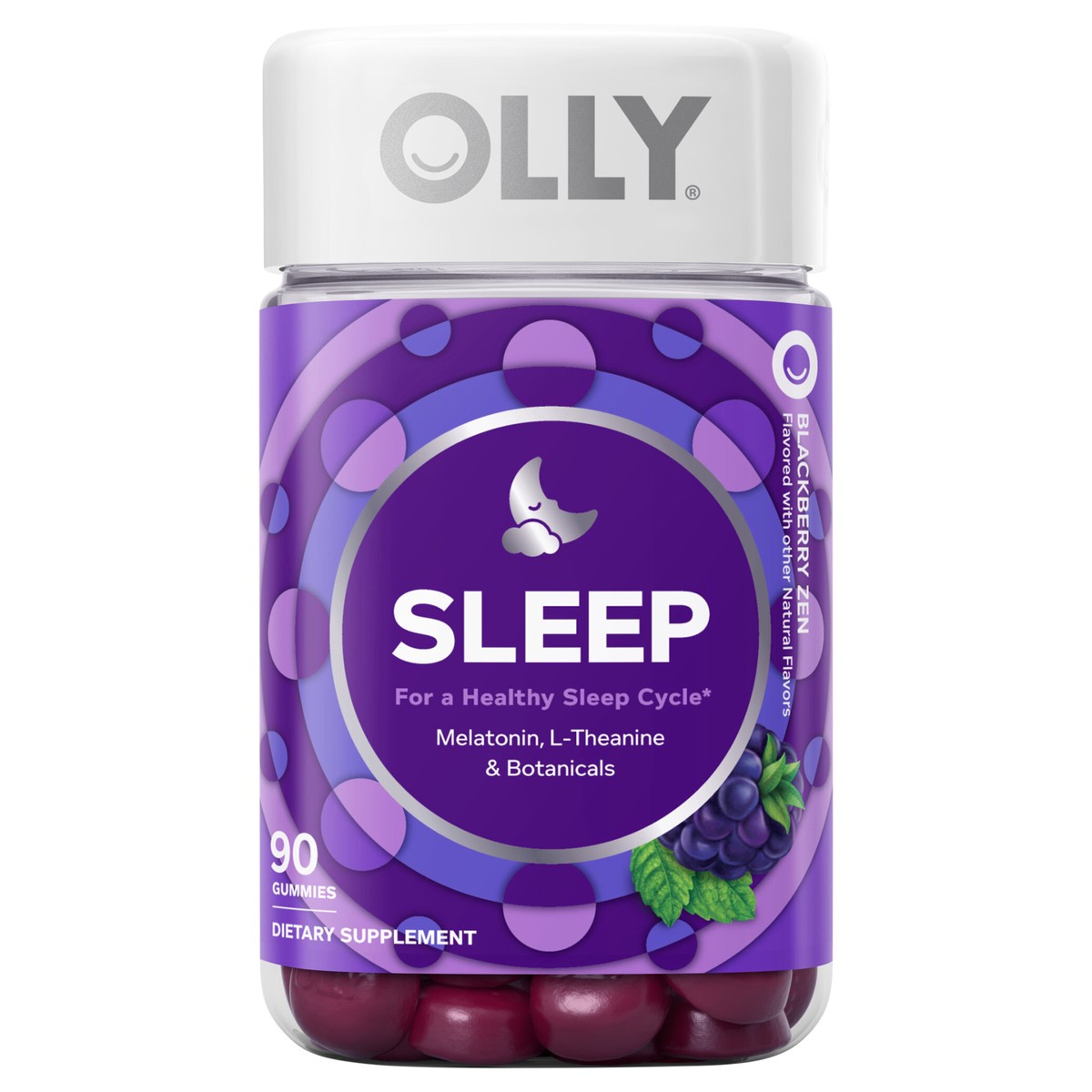slide 1 of 8, OLLY Sleep Gummy, Sleep Support Supplement,* 3 mg Melatonin, L-Theanine, Chamomile and Lemon Balm Extracts, Blackberry Zen Flavor, 45 Day Supply - 90 Count, 90 ct