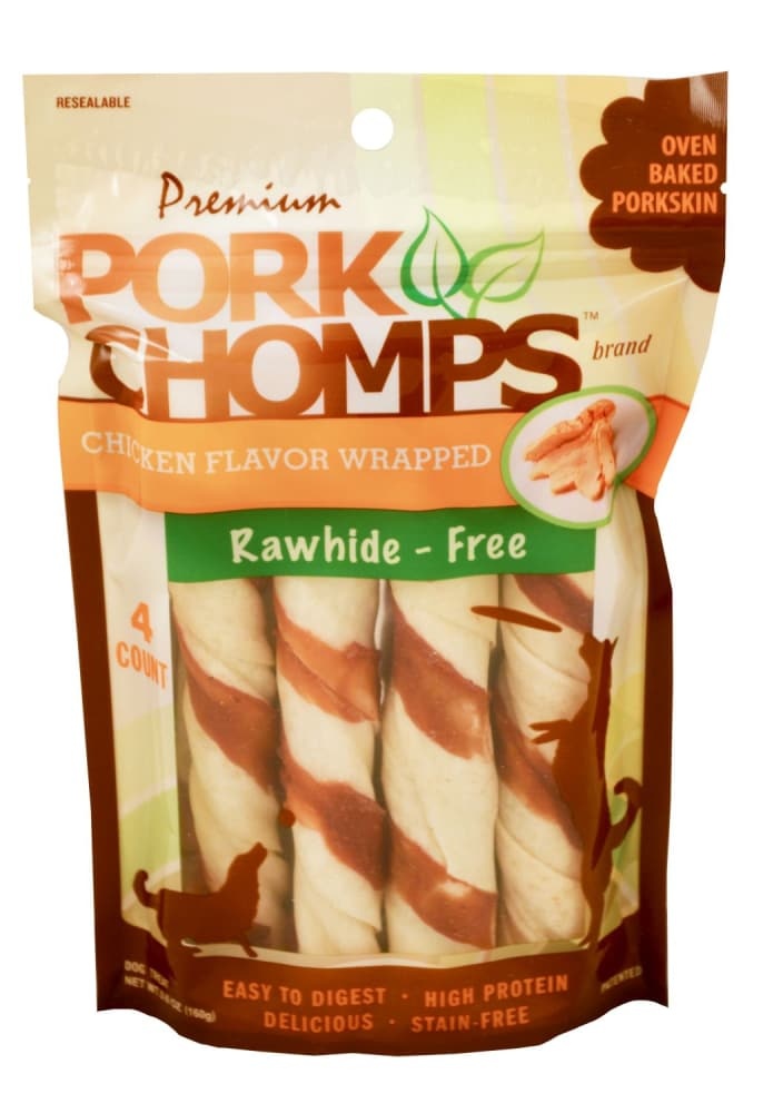 slide 1 of 1, Pork Chomps Chicken Flavor Wrapped Rawhide-Free Dog Treats, 4 ct