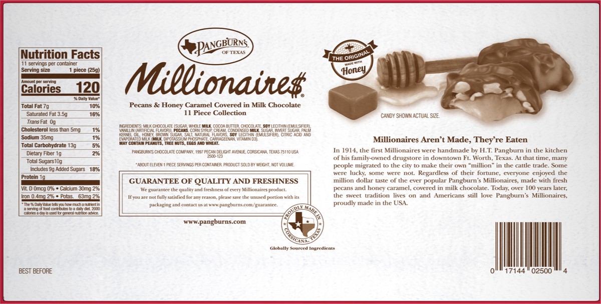 slide 3 of 7, PANGBURN'S OF TEXAS Millionaires Milk Chocolate Covered Pecans and Honey Caramel Gift Box, 9.75 ea