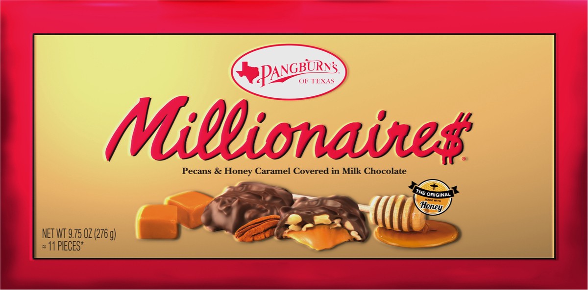 slide 4 of 7, PANGBURN'S OF TEXAS Millionaires Milk Chocolate Covered Pecans and Honey Caramel Gift Box, 9.75 ea