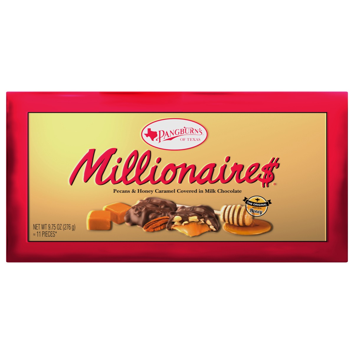 slide 1 of 7, PANGBURN'S OF TEXAS Millionaires Milk Chocolate Covered Pecans and Honey Caramel Gift Box, 9.75 ea