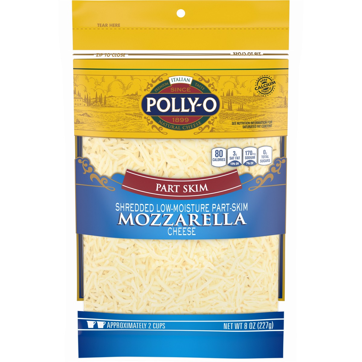 slide 1 of 8, Polly-O Part-Skim Shredded Mozzarella Cheese, 8 oz Bag, 8 oz