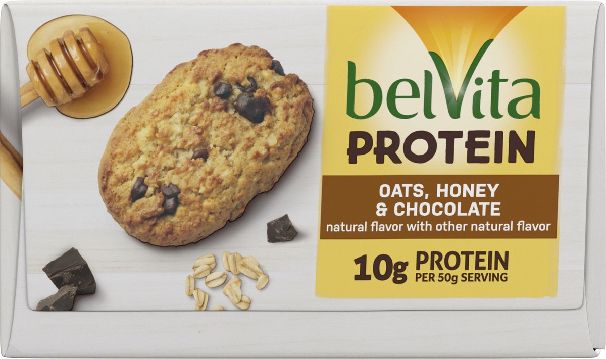 slide 7 of 9, belVita Protein Soft Baked Biscuits, Oats Honey & Chocolate Flavor, 4 Packs - INNER PACK, 0.51 lb