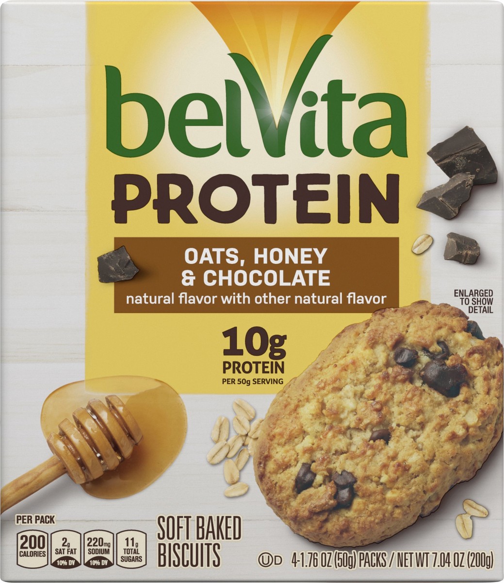 slide 2 of 9, belVita Protein Soft Baked Biscuits, Oats Honey & Chocolate Flavor, 4 Packs - INNER PACK, 0.51 lb