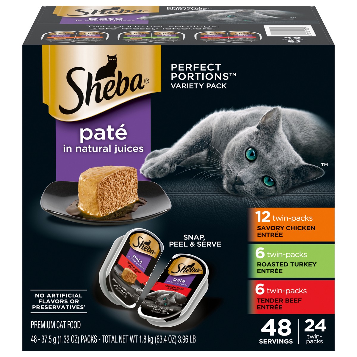 slide 1 of 3, Sheba Perfect Portions Pate in Natural Juices Assorted Cat Food Variety Pack 48 - 37.5 g Packs, 24 ct