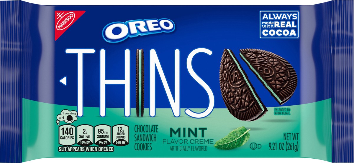 slide 9 of 13, OREO Thins Mint Creme Chocolate Sandwich Cookies, 9.21 oz, 9.21 oz