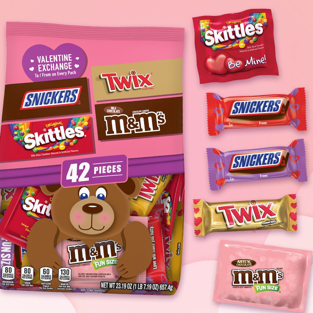 slide 2 of 8, Mixed M&M'S, SNICKERS, SKITTLES & TWIX Valentine's Day Chocolate Candy - 23.2oz/42ct, 23.19 oz