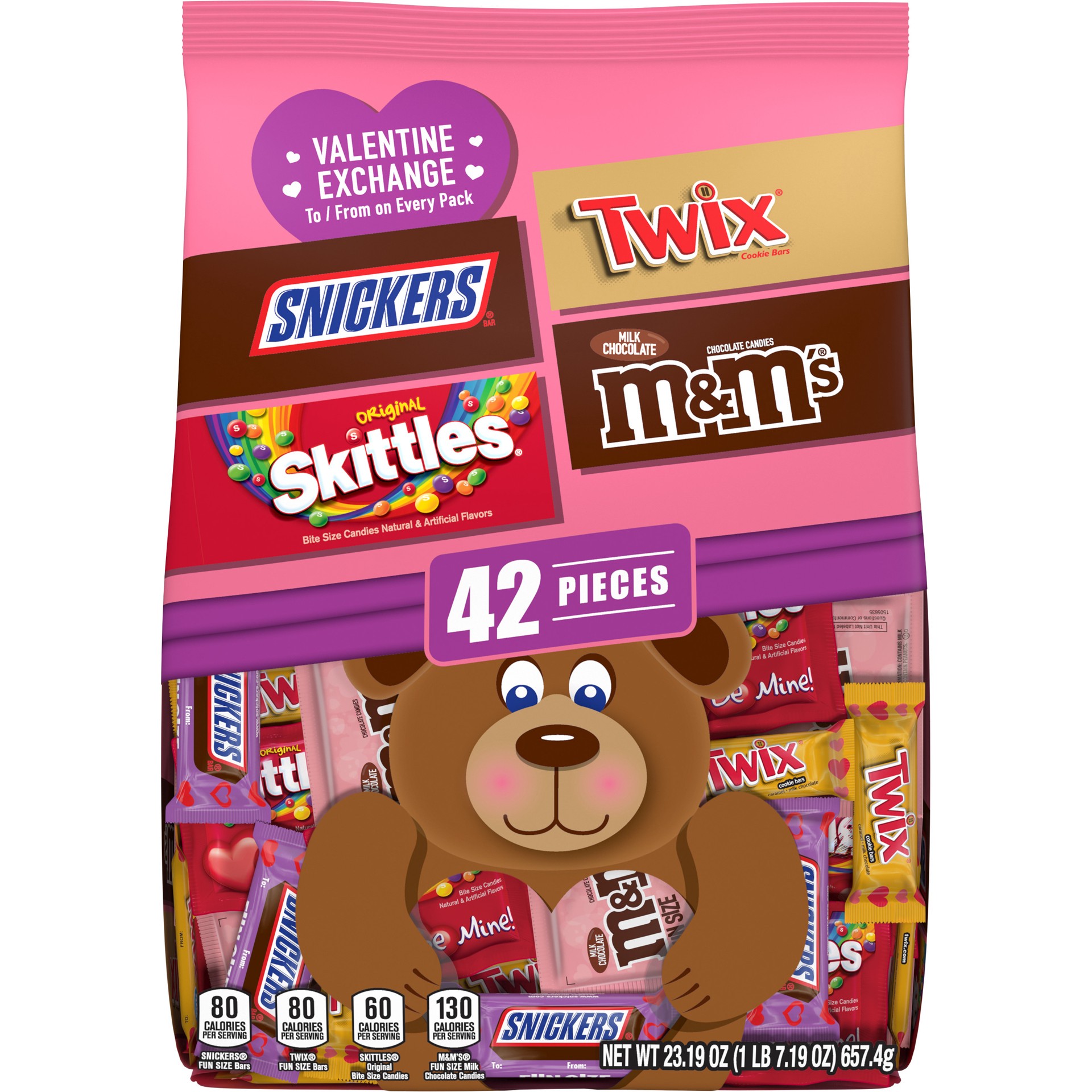 slide 1 of 8, Mixed M&M'S, SNICKERS, SKITTLES & TWIX Valentine's Day Chocolate Candy - 23.2oz/42ct, 23.19 oz