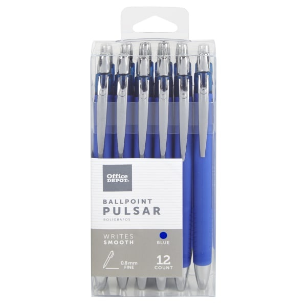 slide 1 of 2, Office Depot Brand Pulsar Advanced Ink Ballpoint Pens, Conical/Medium Point, 0.8 Mm, Blue Barrels, Blue Ink, Pack Of 12, 12 ct