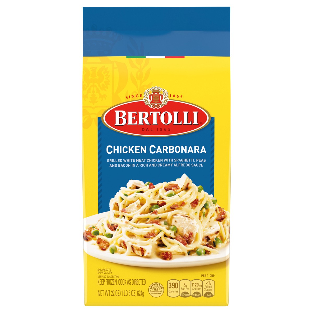 slide 1 of 12, Bertolli Chicken Carbonara Frozen Meals With Spaghetti, Peas and Bacon in Alfredo Sauce, 22 oz., 22 oz