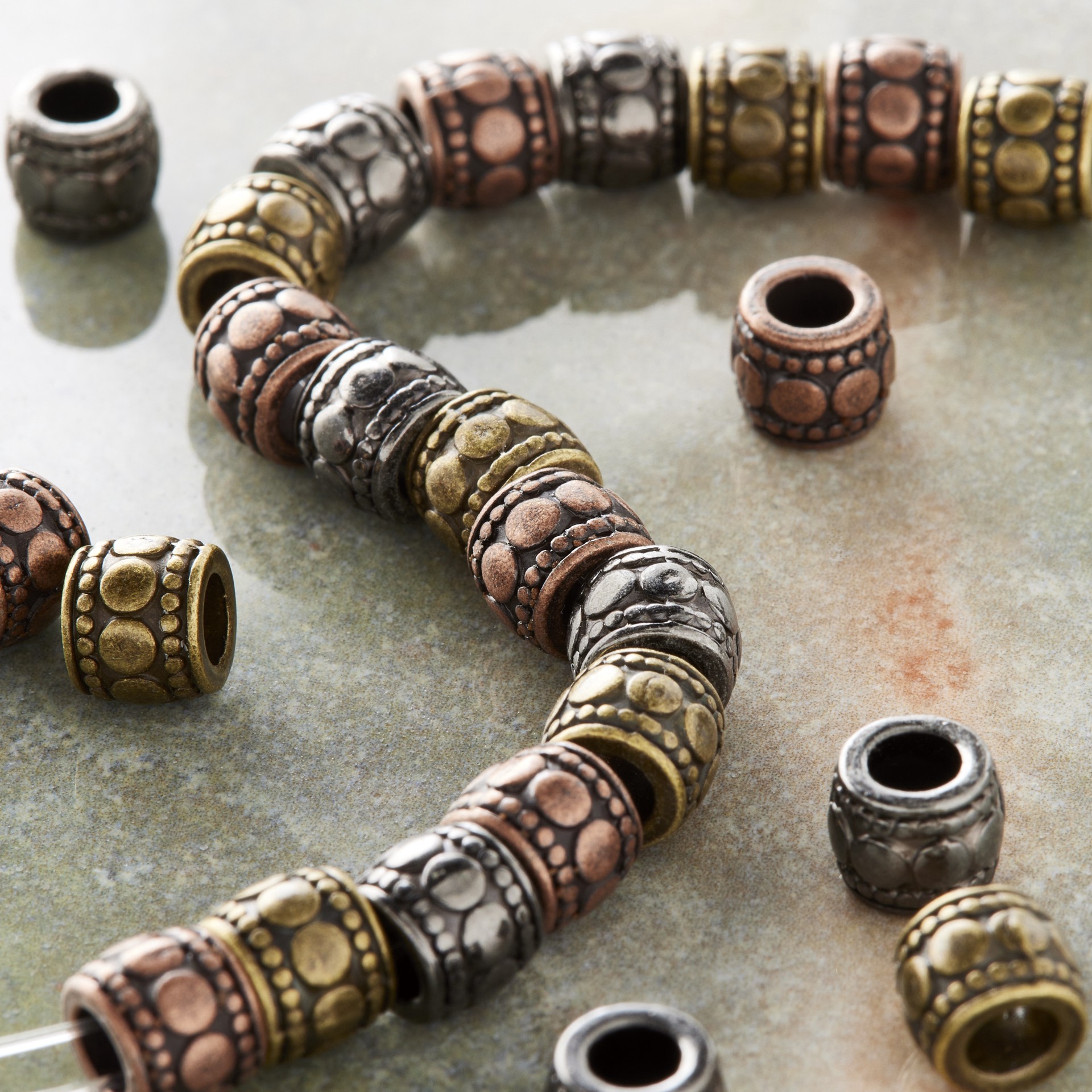 slide 3 of 3, Carved Metal Drum Beads, 7mm By Bead Landing, 7mm