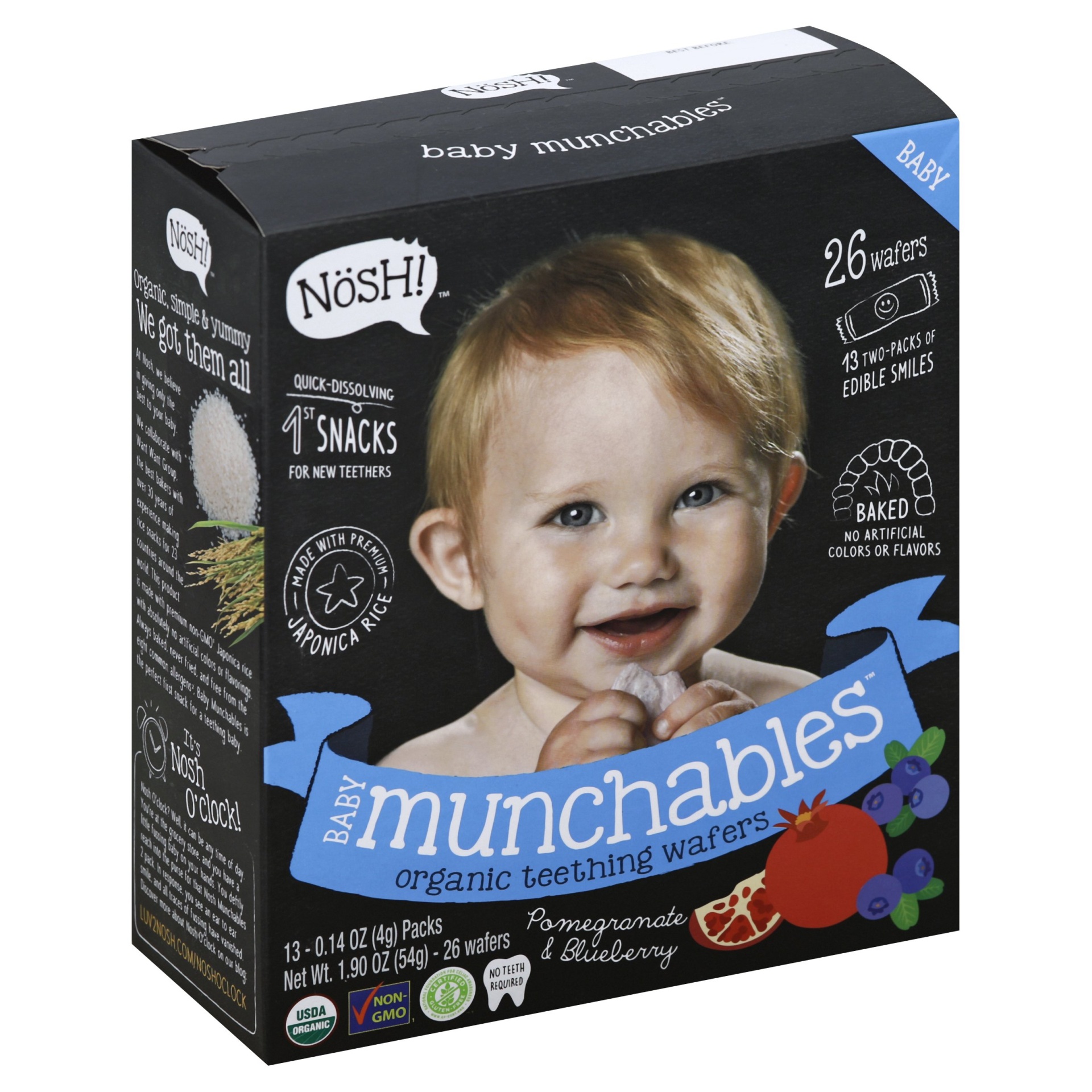 slide 1 of 3, Nosh Baby Munchables, Blueberry & Pomegranate Organic Teething Wafers, 1.9 oz