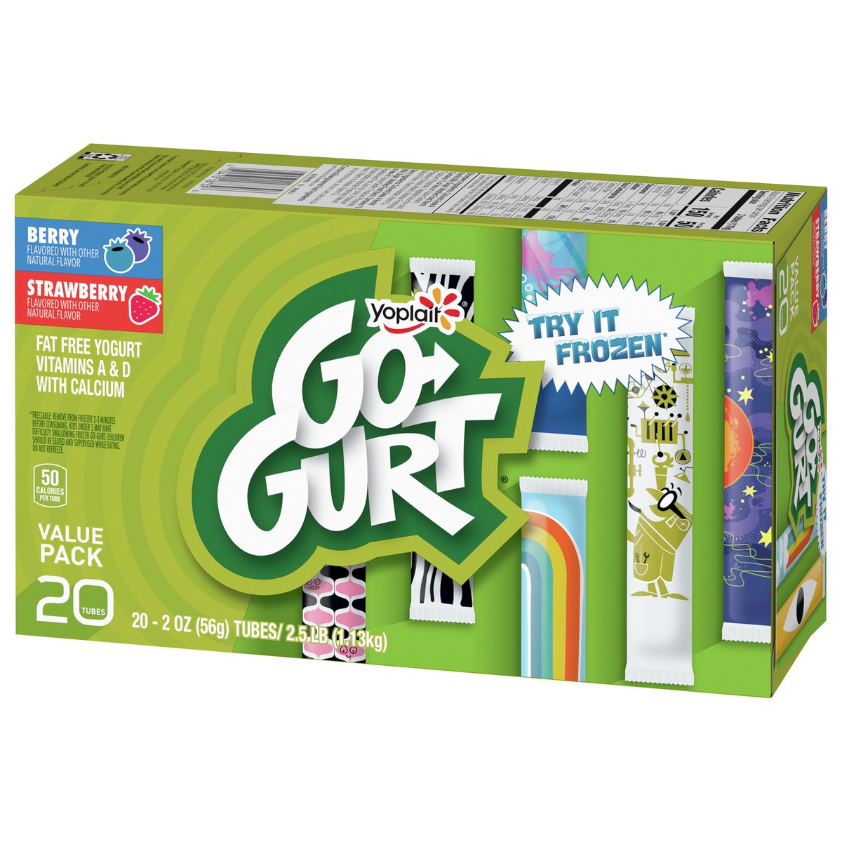 slide 4 of 9, Go-GURT Berry and Strawberry Kids Fat Free Yogurt Variety Pack, Gluten Free, 2 oz. Yogurt Tubes (20 Count), 20 ct