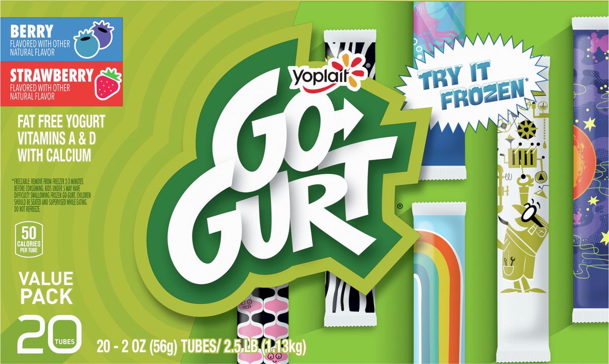 slide 7 of 9, Go-GURT Berry and Strawberry Kids Fat Free Yogurt Variety Pack, Gluten Free, 2 oz. Yogurt Tubes (20 Count), 20 ct