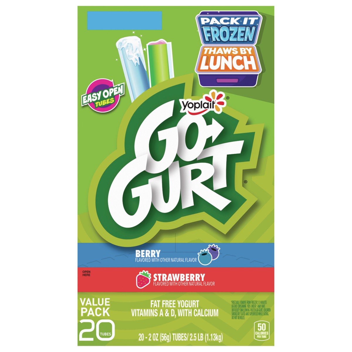 slide 1 of 9, Go-GURT Berry and Strawberry Kids Fat Free Yogurt Variety Pack, Gluten Free, 2 oz Yogurt Tubes (20 Count), 20 ct