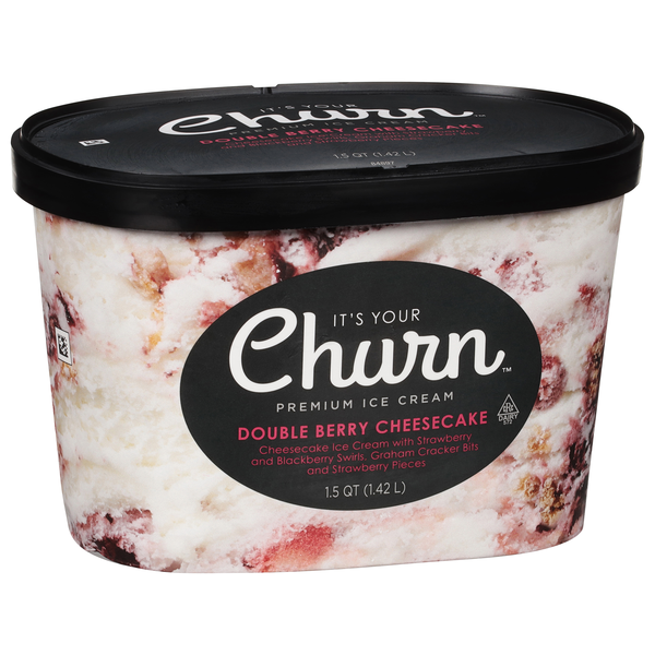 slide 1 of 1, It's Your Churn Double Berry Cheesecake Premium Ice Cream With Strawberry And Blackberry Swirls, Graham Crackers Bits And Strawberry Pieces, 1.5 qt