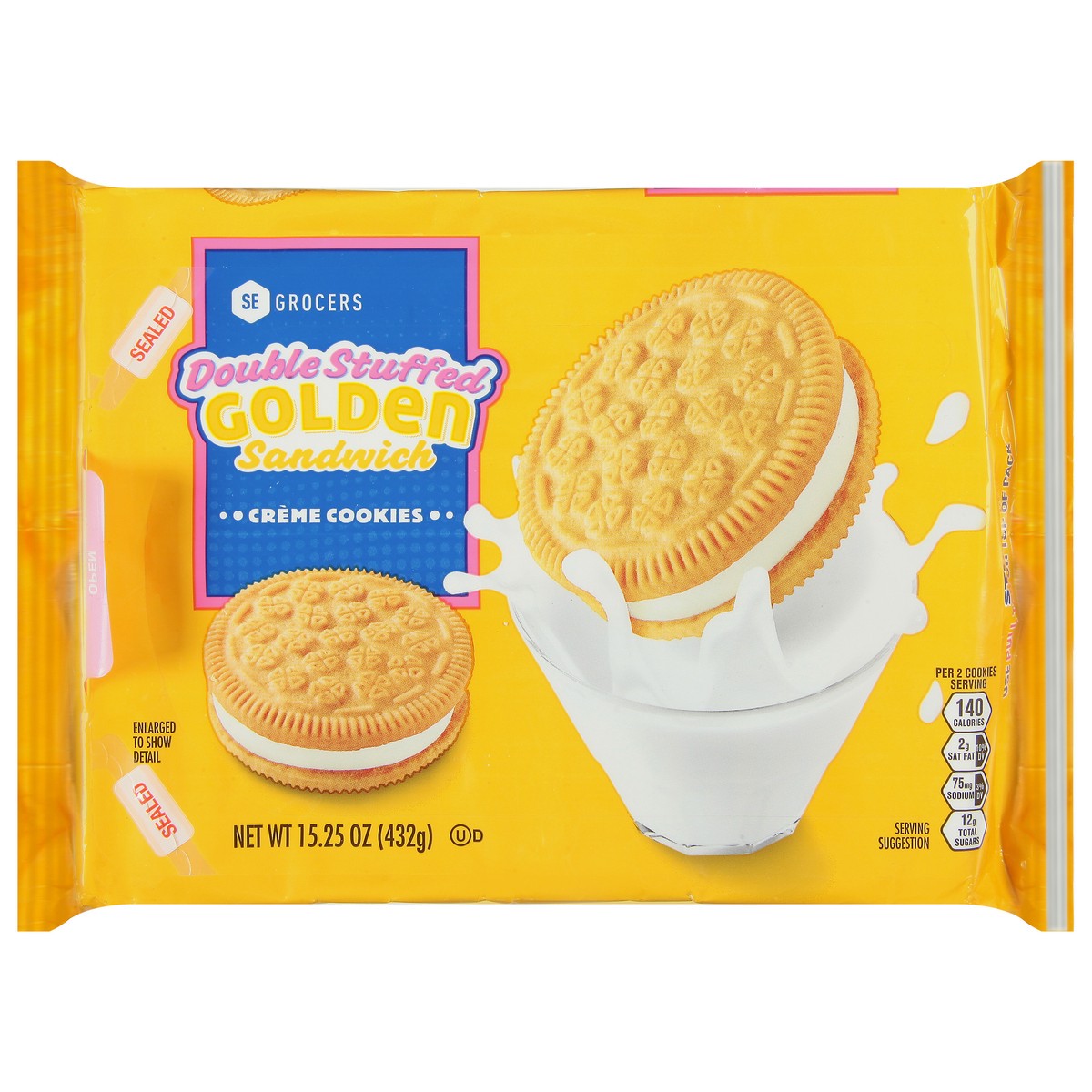 slide 1 of 1, SE Grocers Double Stuffed Golden Sandwich Creme Cookies, 15.3 oz