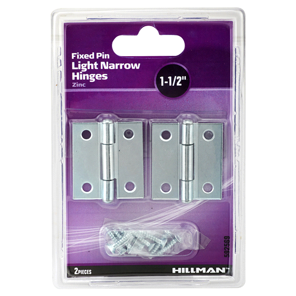 slide 1 of 1, Hillman Zinc Light Narrow Door Hinges and Fixed Pin 1-1/2, 1 ct