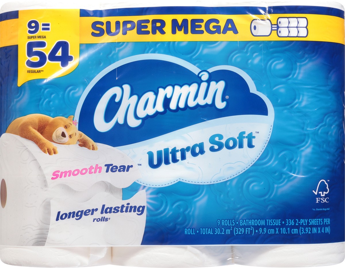 slide 6 of 11, Charmin Ultra Soft Toilet Paper 9 Super Mega Rolls, 336 Sheets Per Roll, 9 ct