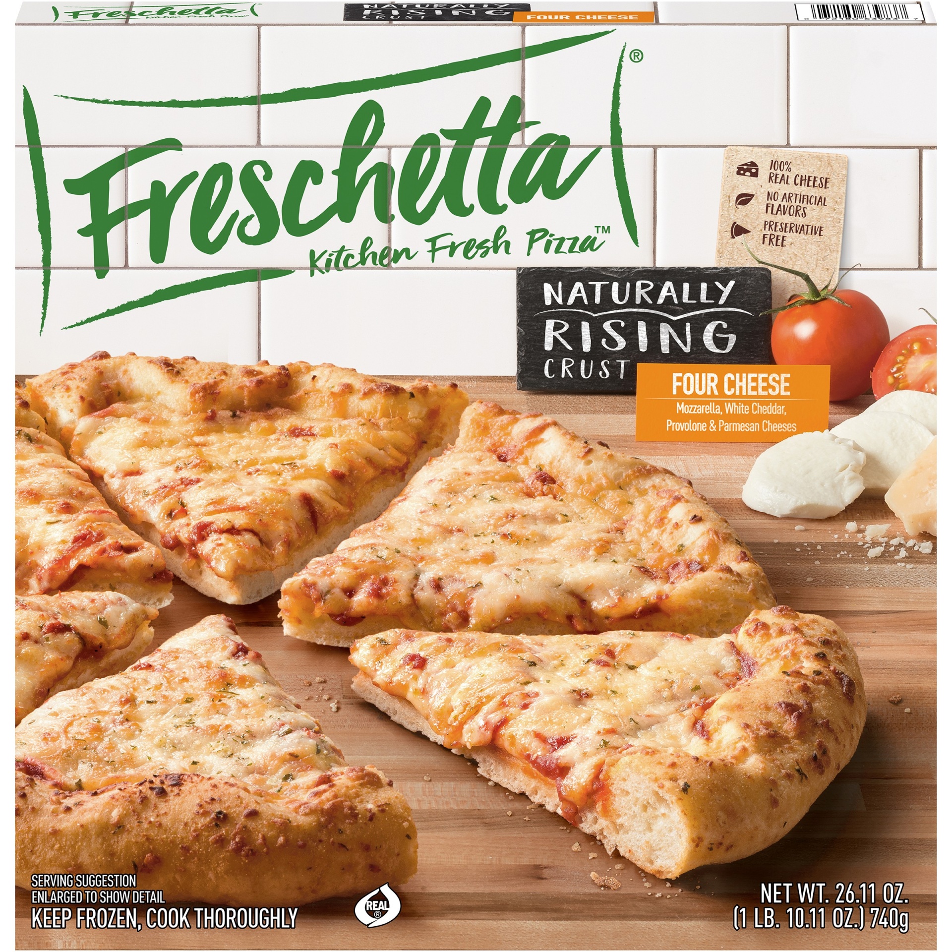 slide 1 of 9, Freschetta Naturally Rising 4-Cheese Pizza, 24.62 oz