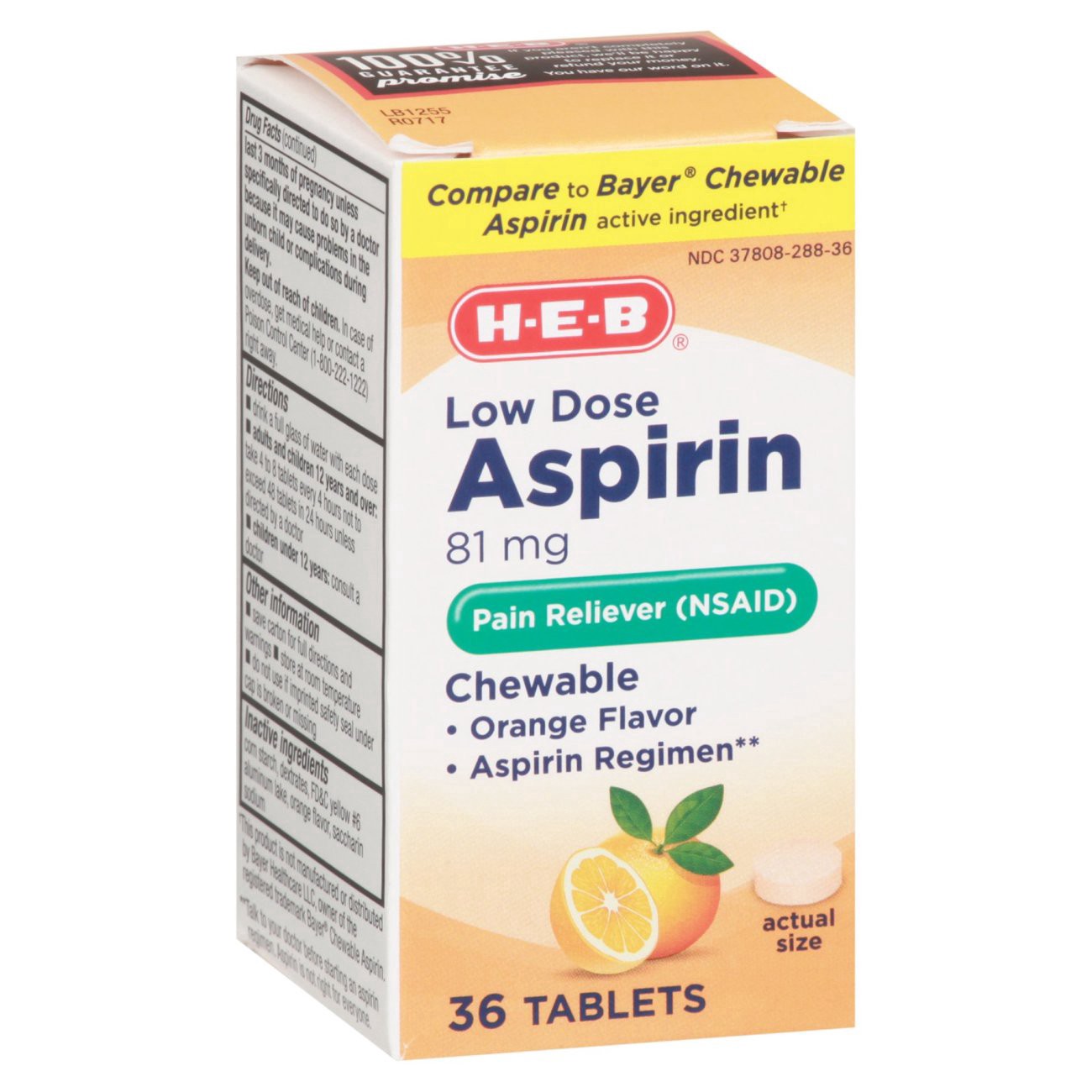 slide 1 of 1, H-E-B Low Dose Aspirin Orange Chewable Tablets, 36 ct