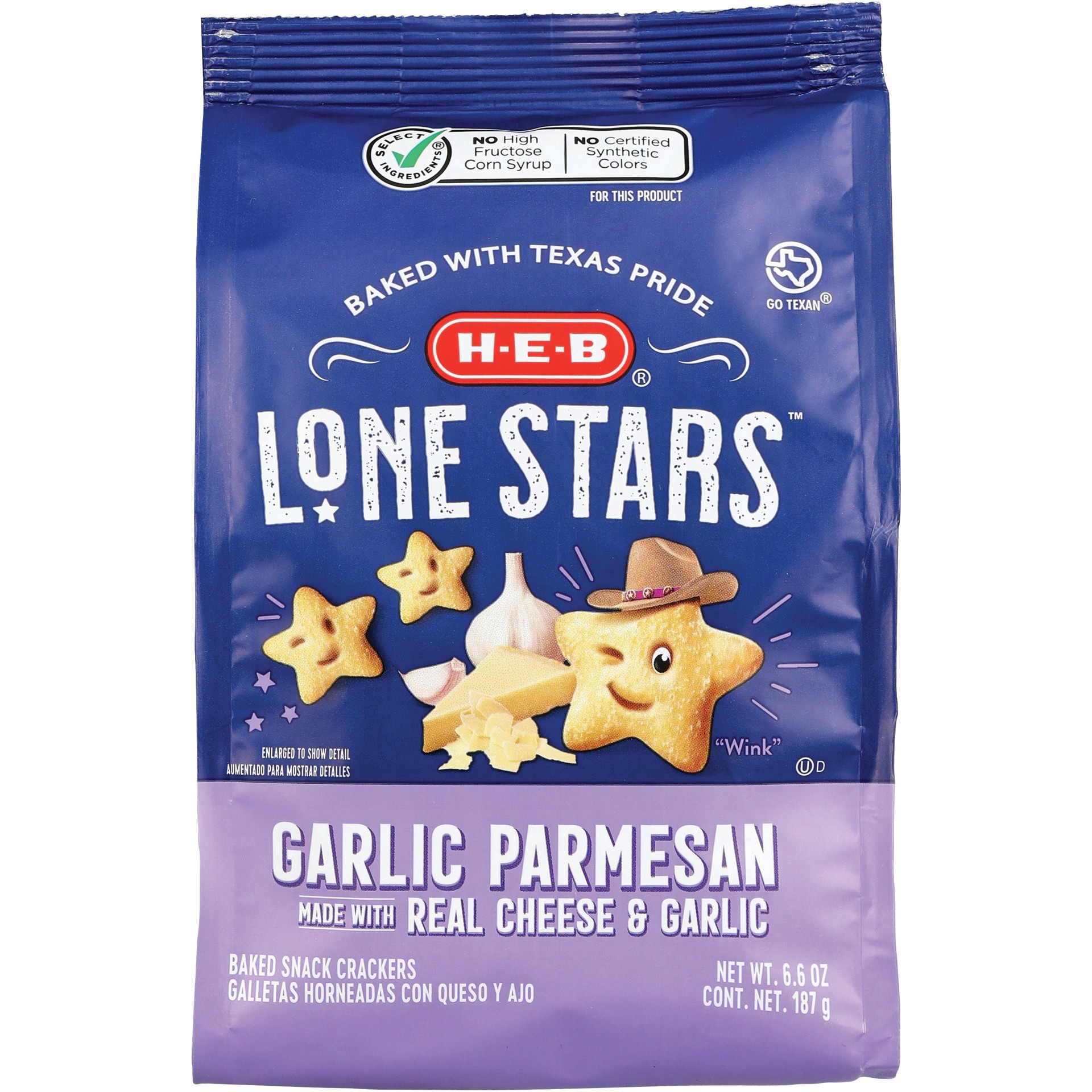 slide 1 of 1, H-E-B Garlic Parmesan Lone Stars Baked Snack Crackers, 6.6 oz