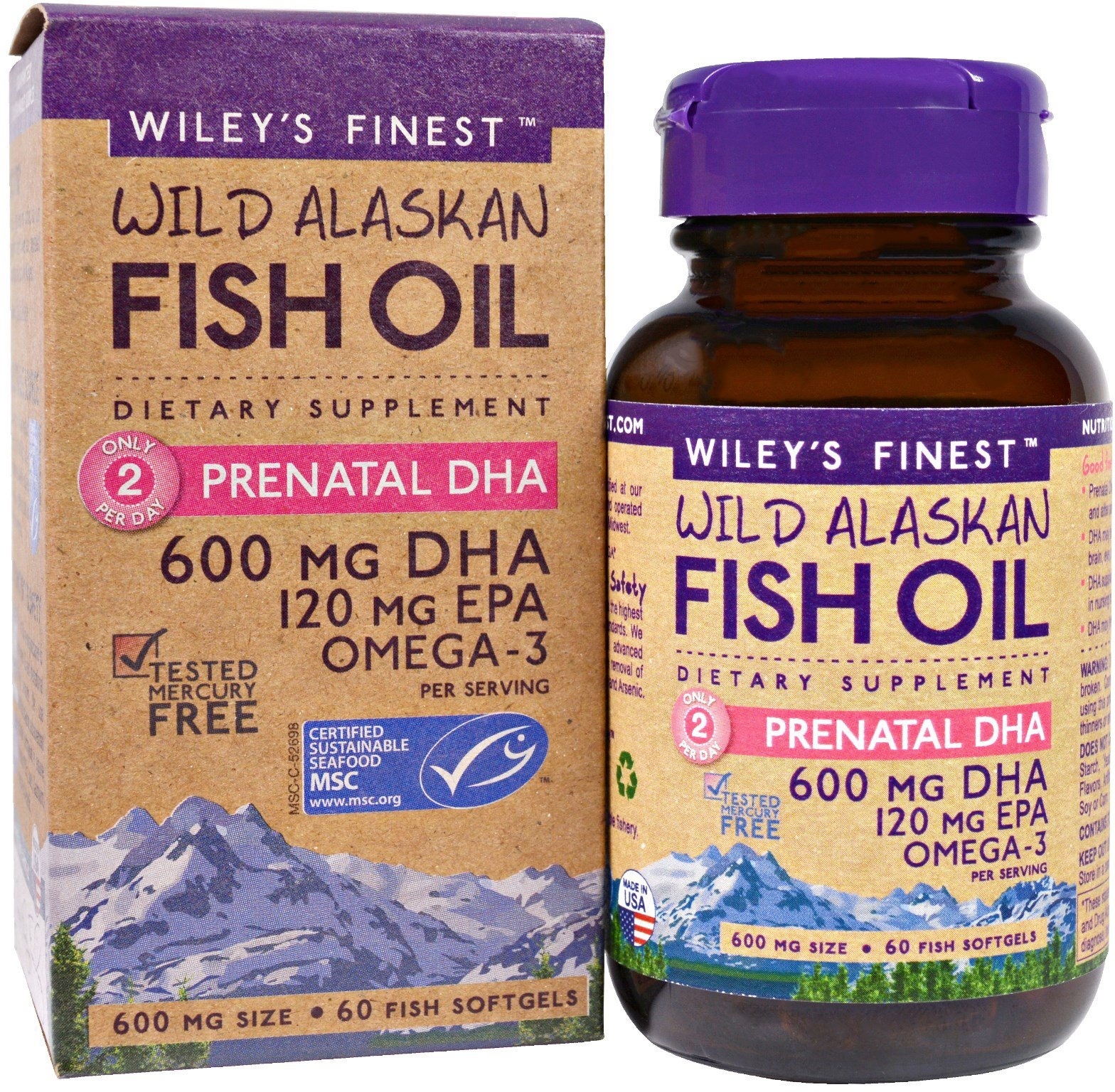 slide 1 of 1, Wiley's Finest Wild Alaska Fish Oil, Prenatal DHA, 60 ct