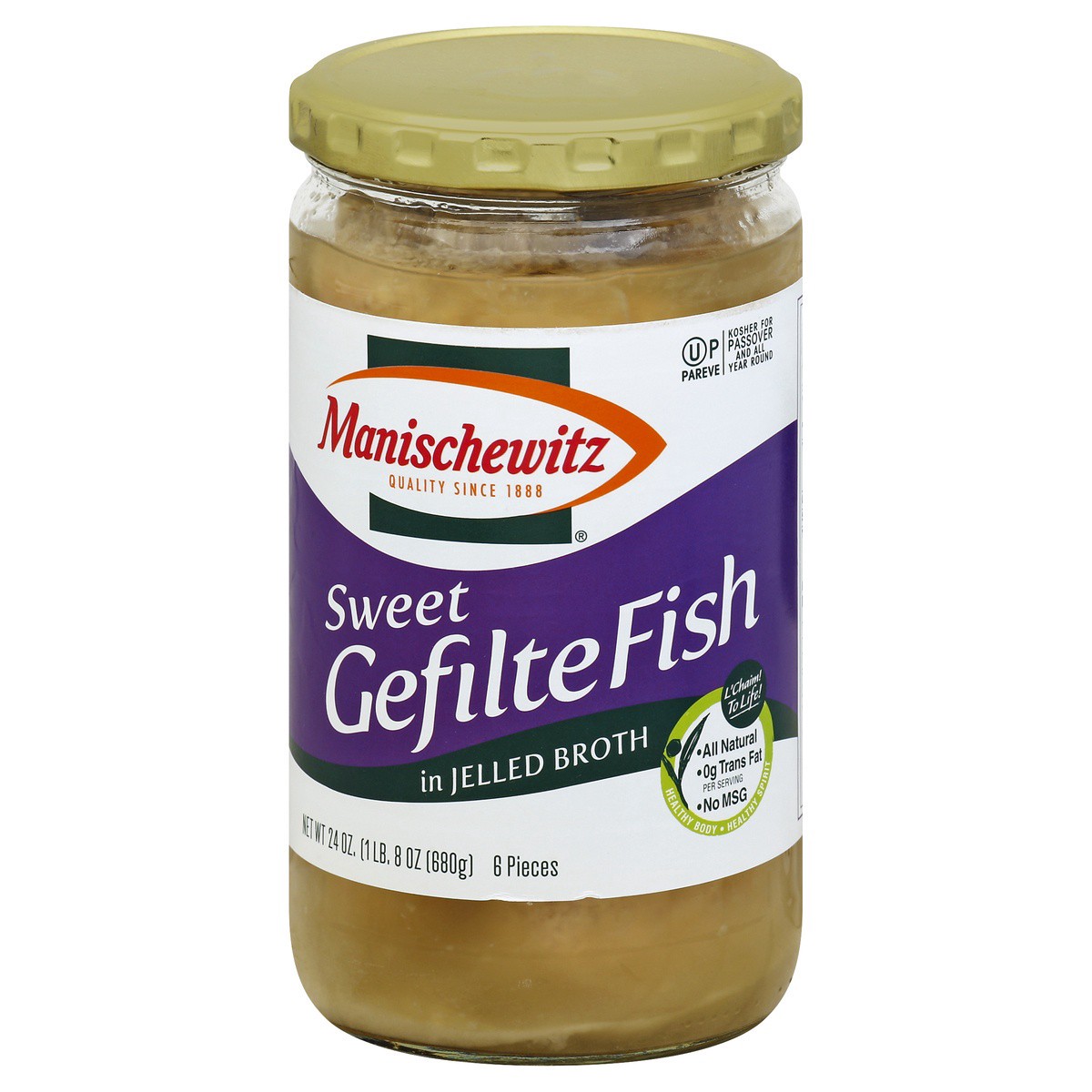 slide 1 of 2, Manischewitz Sweet Gefilte Fish In Jelled Broth, 24 oz